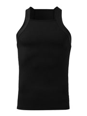 Black ribbed tank top with square neckline and thick straps