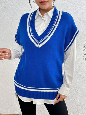 Blue acrylic knit vest with varsity stripes and pearl trim details.