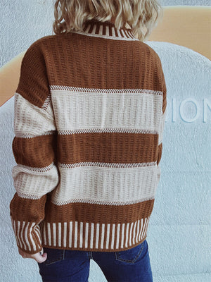Textured stripe mock neck knit sweater in caramel and cream with ribbed details.