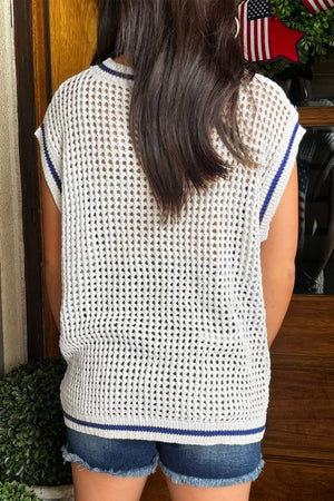 White eyelet knit cap sleeve sweater with blue trim, acrylic, casual style