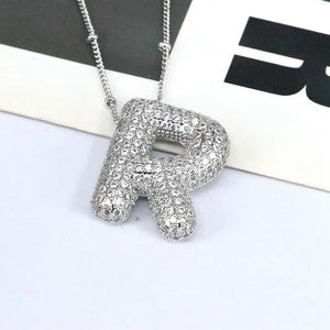Pave initial pendant necklace with alphabet R charm on beaded chain