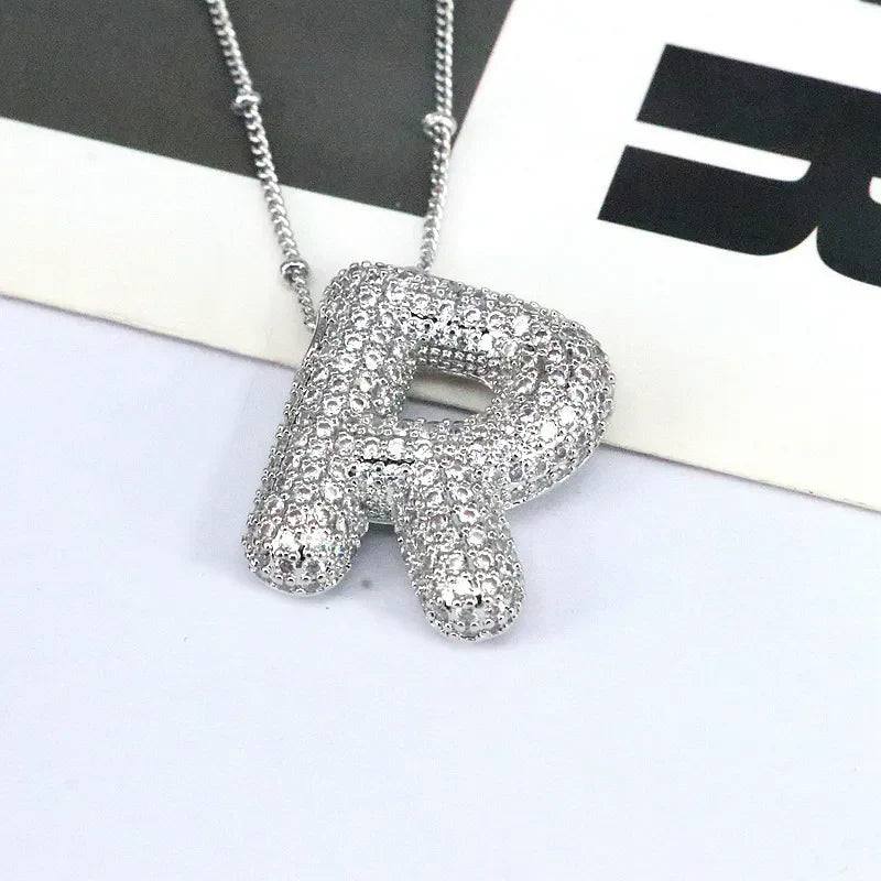 Pave initial pendant necklace with alphabet R charm on beaded chain