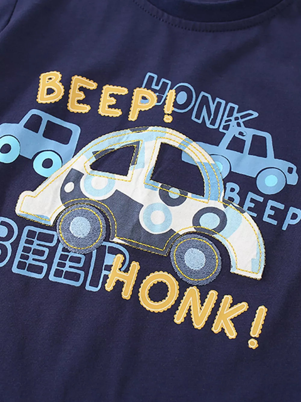 Navy cotton toddler tee with applique car graphic and "BEEP HONK!" text.