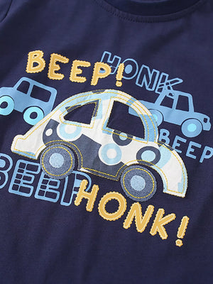 Navy cotton toddler tee with applique car graphic and "BEEP HONK!" text.