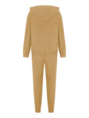 Tan fleece hoodie and jogger set with elastic cuffs and waistband.