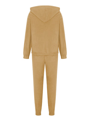 Tan fleece hoodie and jogger set with elastic cuffs and waistband.