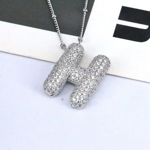 Silver bubble pendant necklace with pave initial H and beaded chain