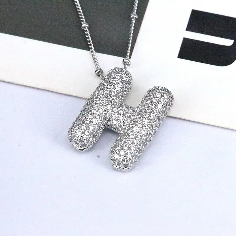 Silver bubble pendant necklace with pave initial H and beaded chain