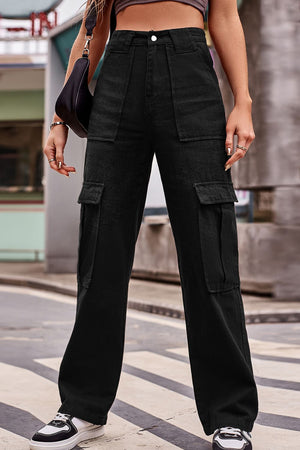 Black utility pocket wide leg cargo pants with a relaxed fit.