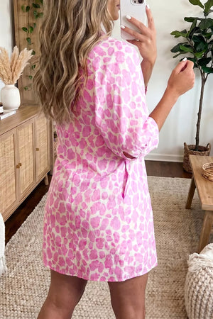 Abstract Leopard Print Tie Waist Puff Sleeve Mini Shirt Dress, side view
