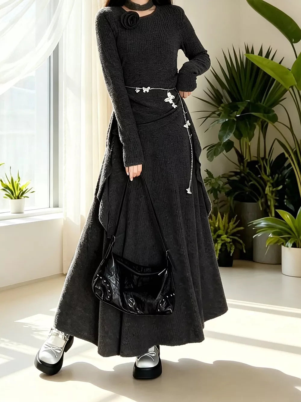 Ribbed Knit Long Sleeve Top And Skirt Set, side view