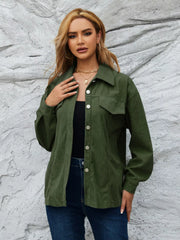 Olive green corduroy button-up jacket with chest pockets and silver buttons