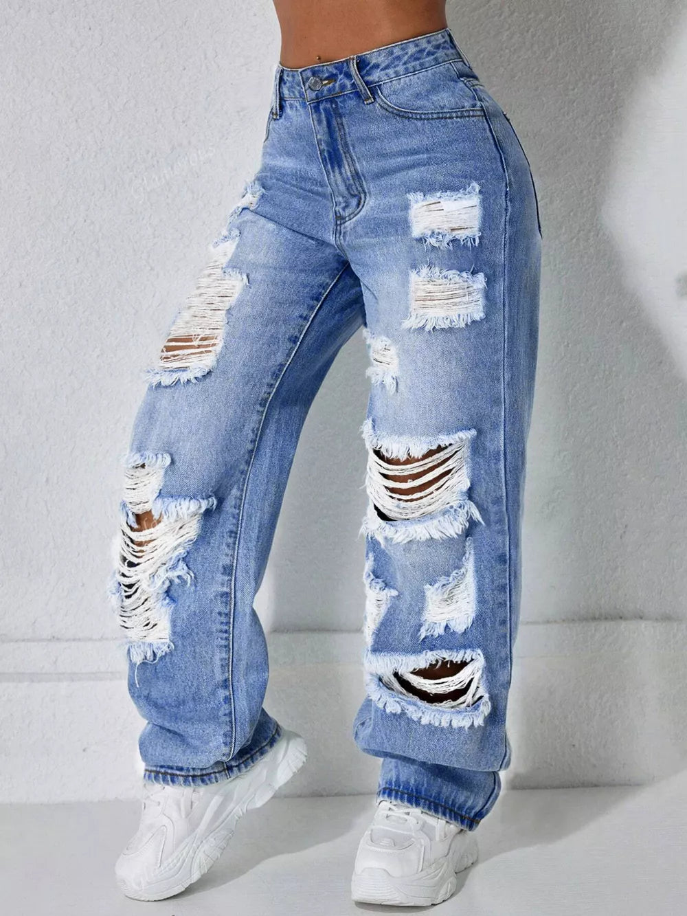 Distressed Wide Leg Jeans in Light Blue, close-up detail