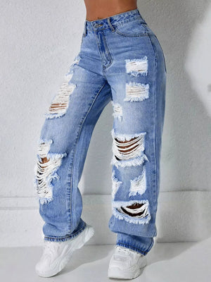 Distressed Wide Leg Jeans in Light Blue, close-up detail