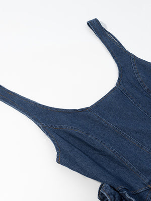 Denim mini dress with square neckline and spaghetti straps.