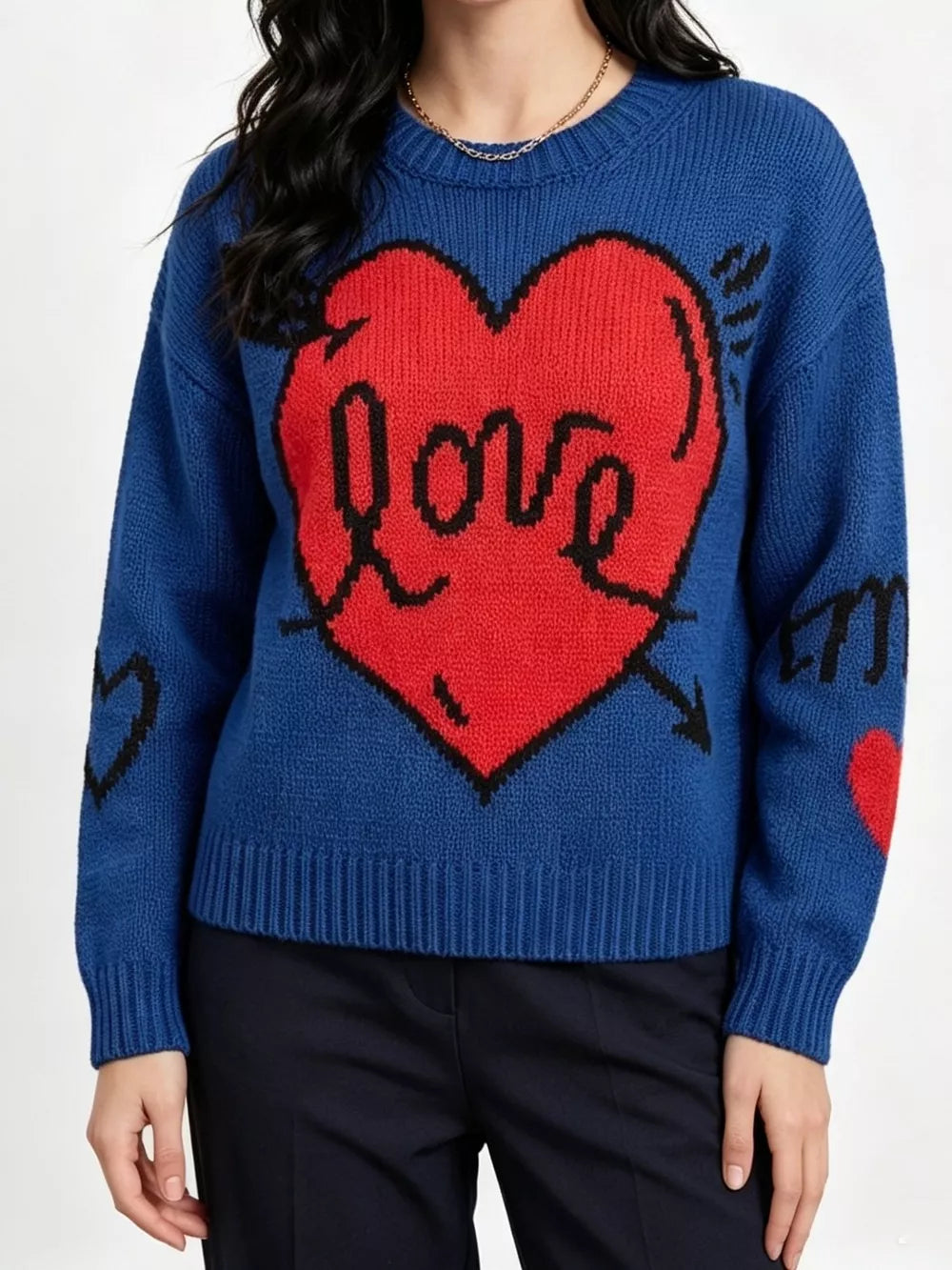 Heart Round Neck Ribbed Sweater in Pink, alternate angle