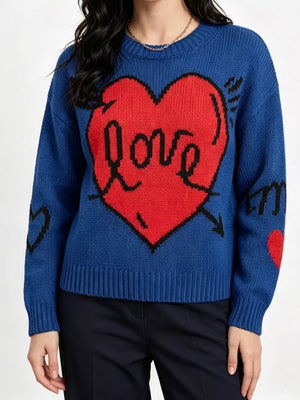 Heart Round Neck Ribbed Sweater in Pink, alternate angle