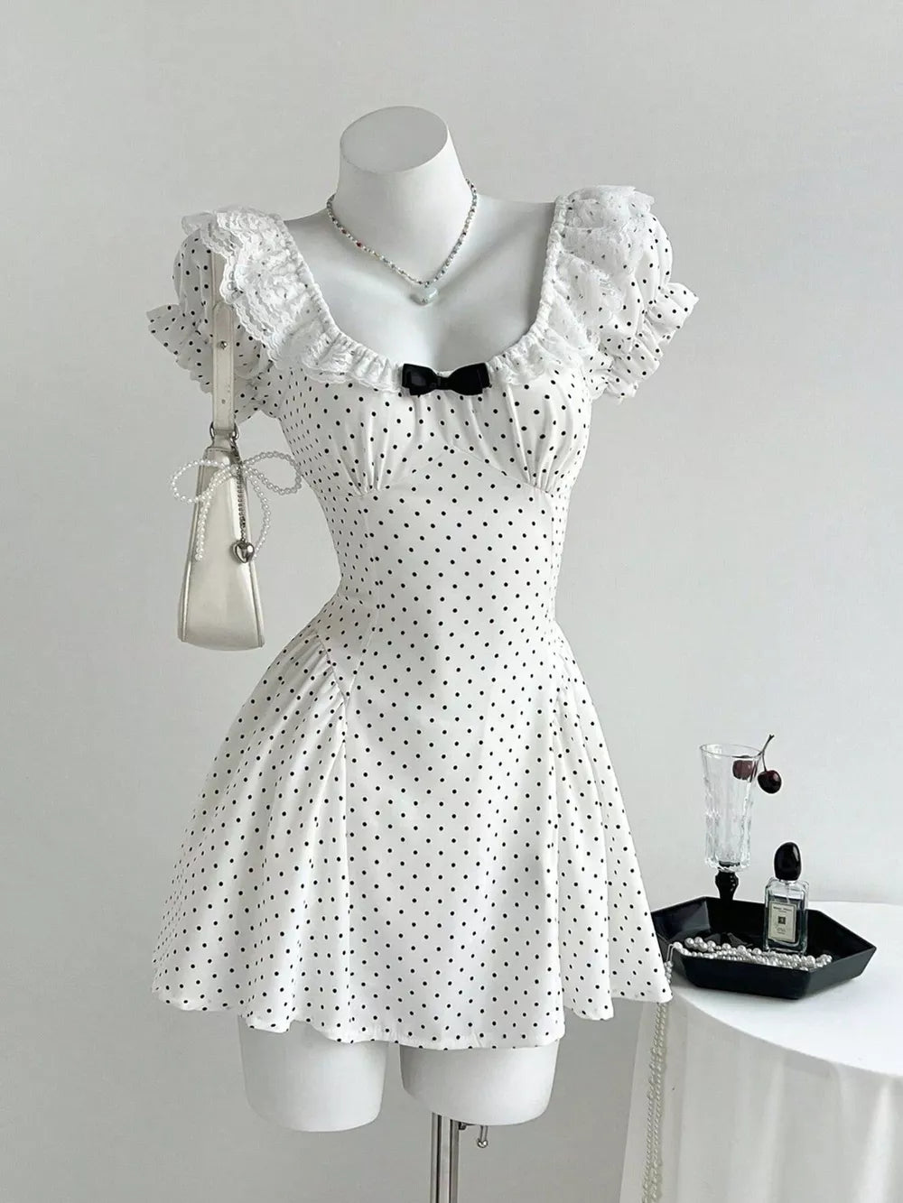 Lace Detail Polka Dot Mini Dress, front view