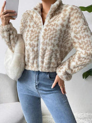 Tan geo-print fleece jacket with zipper and balloon sleeves