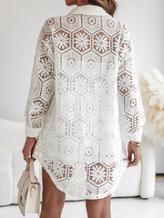 White lace button-up shirt with geometric pattern and A-line shorts set.