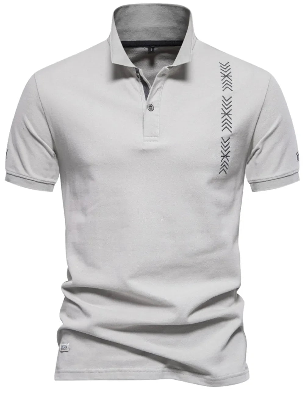 Gray piqué polo shirt with chevron embroidery detail on the chest and sleeve.