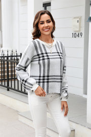 Light Gray plaid acrylic crewneck sweater with long sleeves.