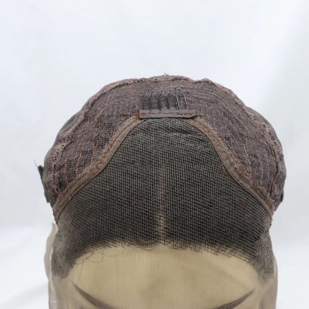 Lace front wig cap construction with combs and adjustable straps in black and grey ombre.