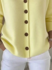 Yellow button-front knit cardigan with brown buttons, acrylic, casual style.