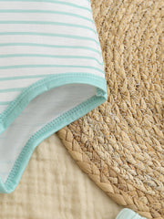 Baby bodysuit with white and mint green stripes and mint green trim