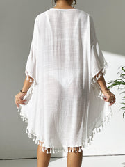 White crochet yoke kaftan dress with tassel trim, sheer fabric, wide sleeves