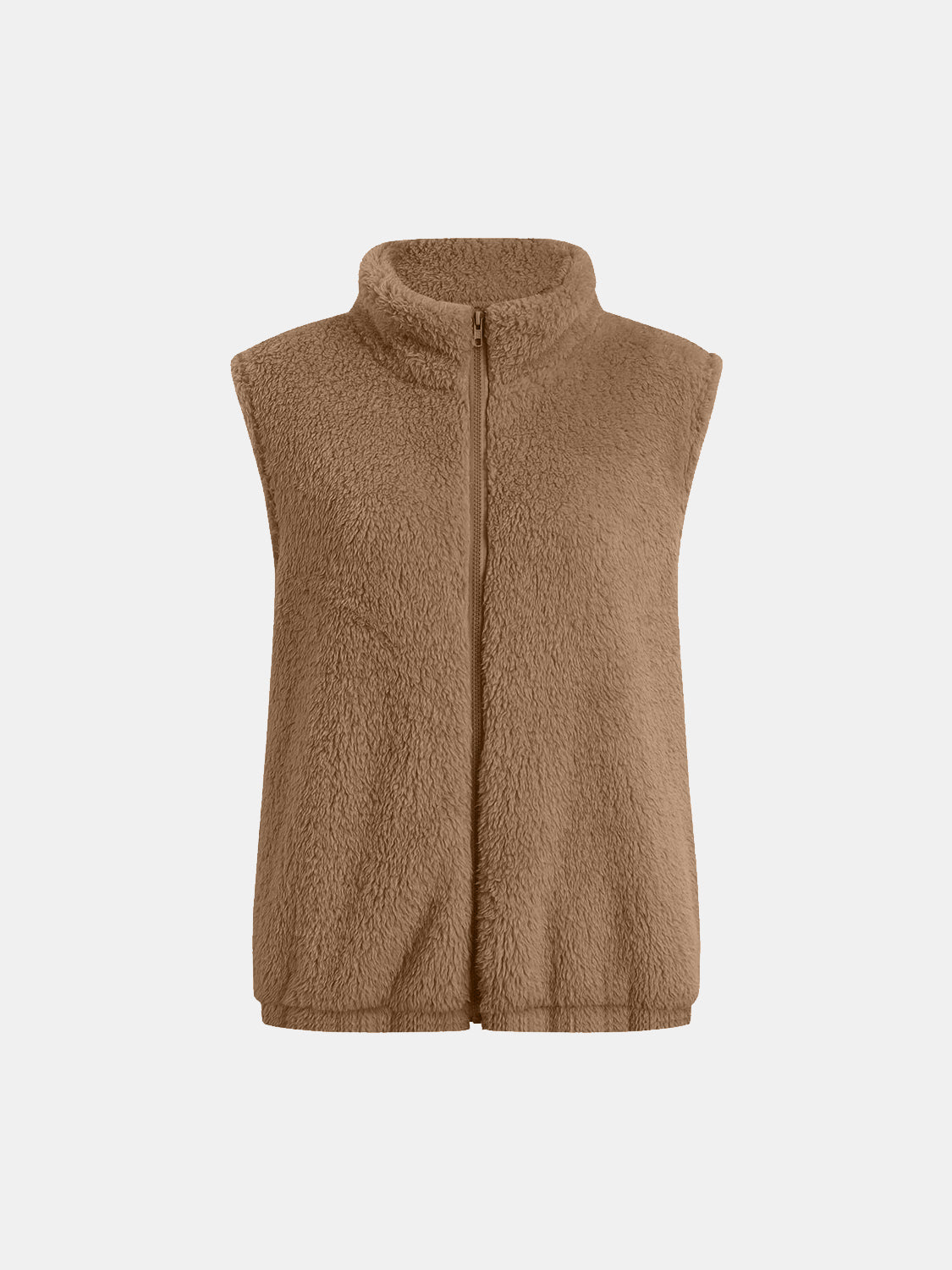 Teddy fleece stand-collar vest in camel with a full zip closure.