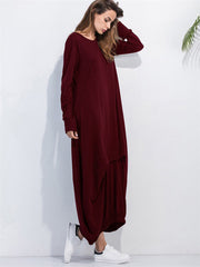 Burgundy balloon hem maxi dress with long sleeves and crew neck.