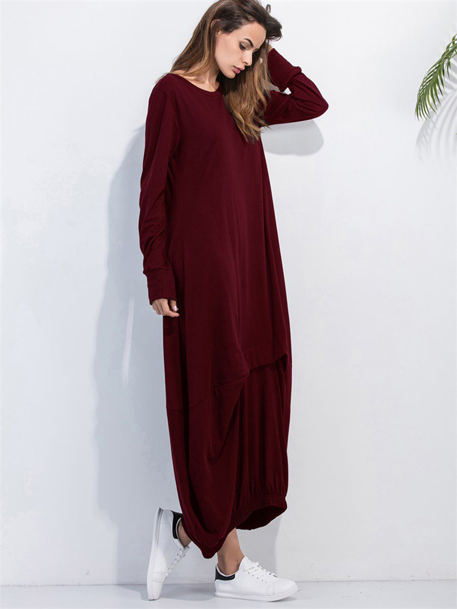Burgundy balloon hem maxi dress with long sleeves and crew neck.