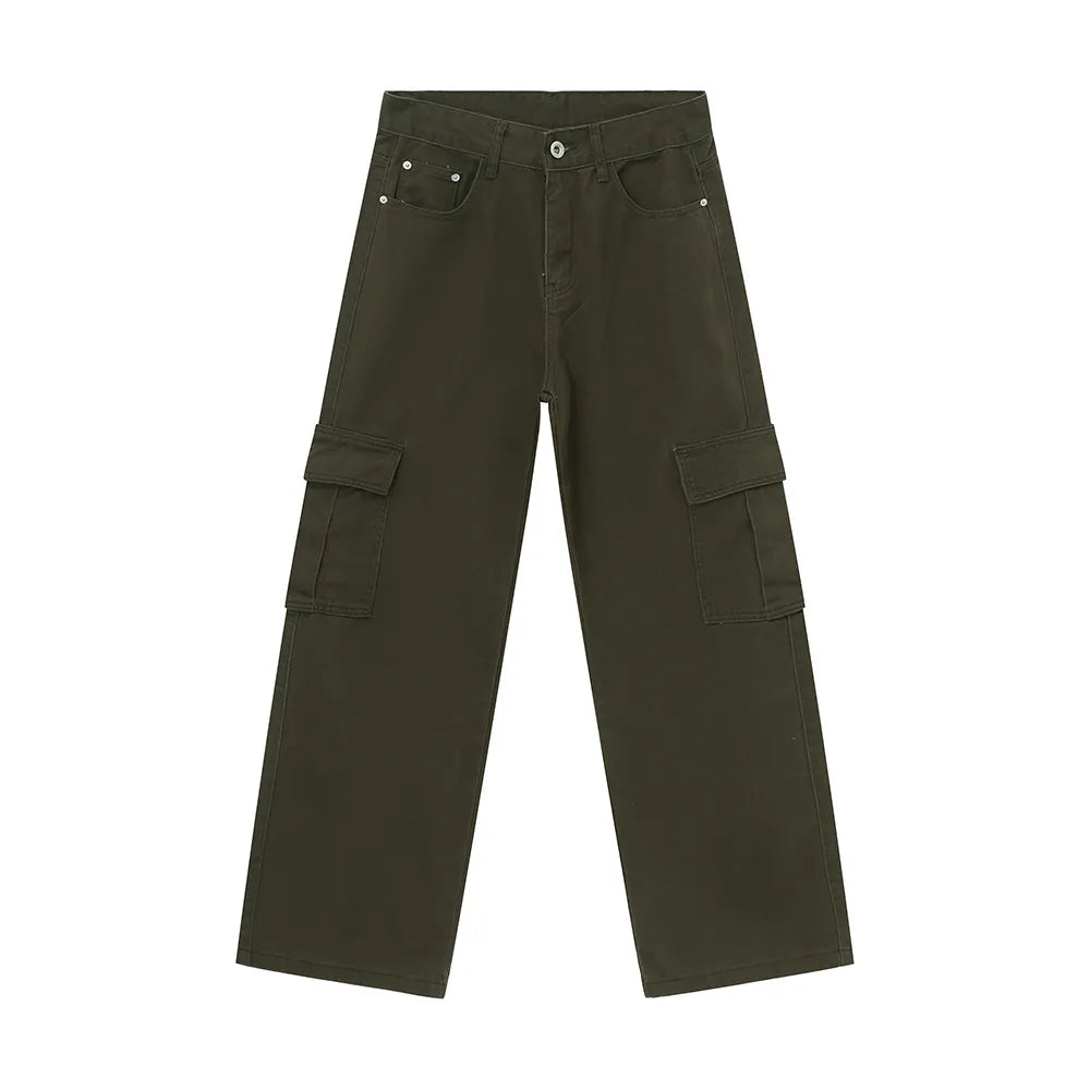 Oversized cargo denim trousers in Army Green with multiple pockets and a relaxed fit.