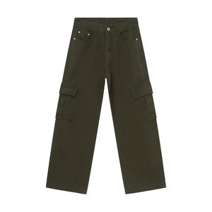 Oversized cargo denim trousers in Army Green with multiple pockets and a relaxed fit.