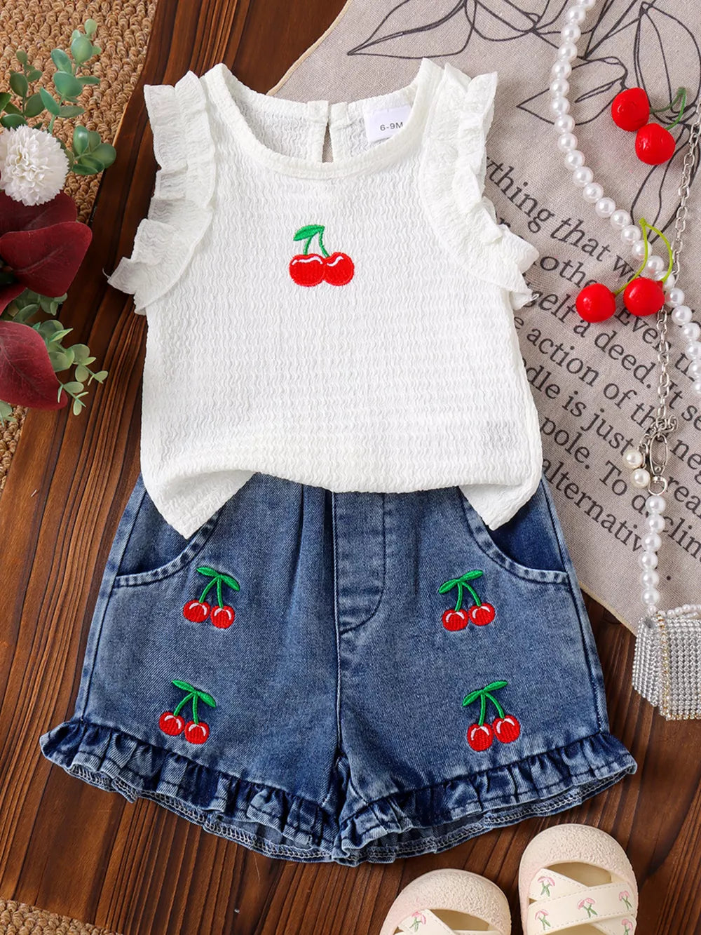 Children's Cherry Embroidered Top And Denim Shorts Set in White, front view