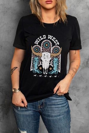 Black crewneck tee with Wild West graphic featuring bull skull and cowboy boots.
