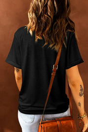 Black cotton tee with cuffed short sleeves and sequin "Thankful" appliqué detail.