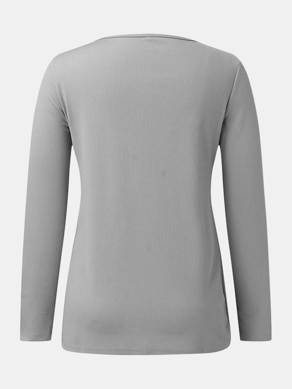 Gray ribbed henley scoop neck top with long sleeves.