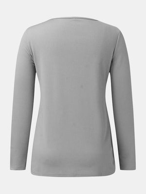 Gray ribbed henley scoop neck top with long sleeves.