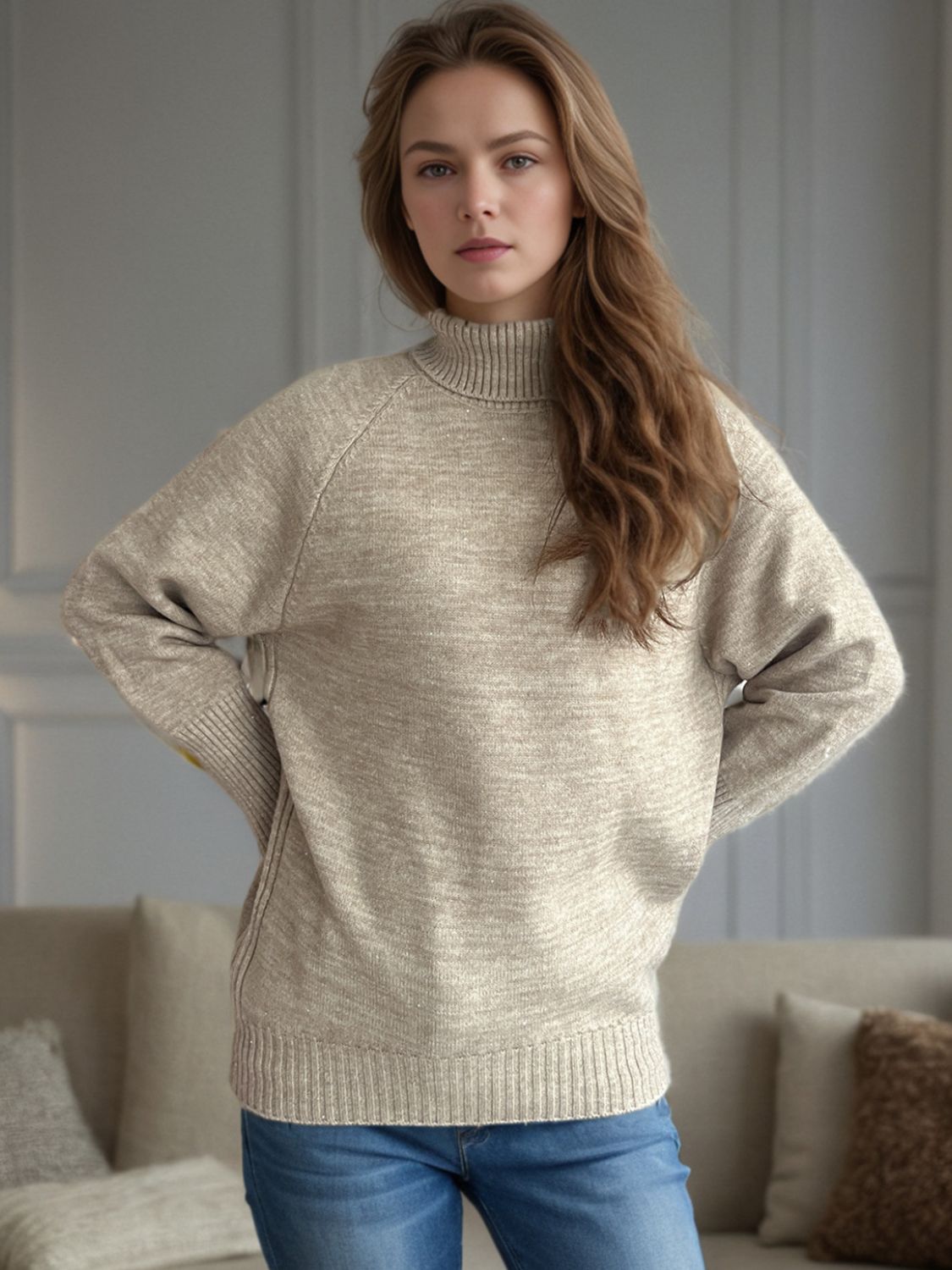 Khaki ribbed turtleneck sweater with subtle sparkle detail