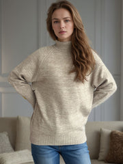 Khaki ribbed turtleneck sweater with subtle sparkle detail