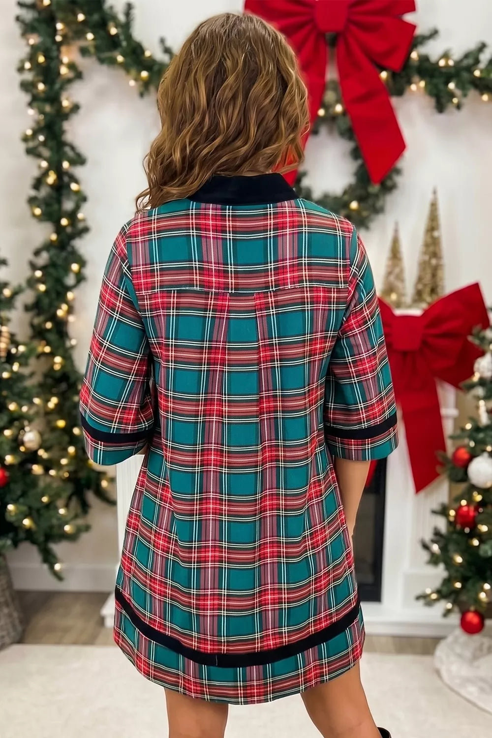Plaid Velvet Trim Short Shift Dress in Plaid, alternate angle
