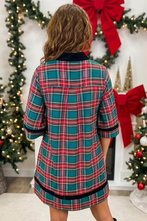 Plaid Velvet Trim Short Shift Dress in Plaid, alternate angle