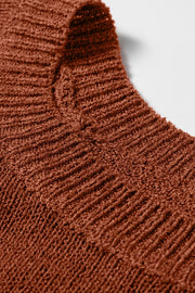 Ribbed Knit Round Neck Short Sleeve Sweater in Brown, alternate angle