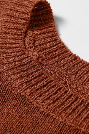 Ribbed Knit Round Neck Short Sleeve Sweater in Brown, alternate angle