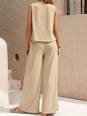 Beige linen tank top and wide-leg palazzo pants loungewear set.