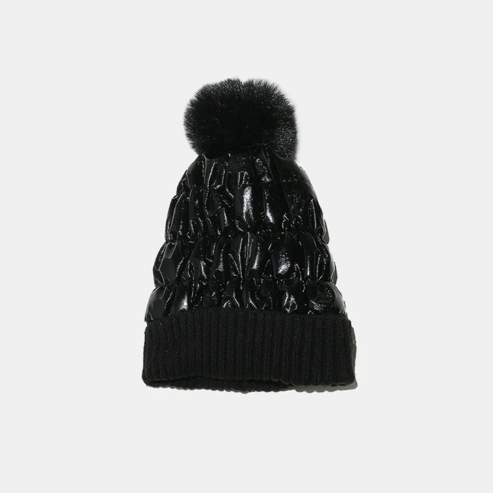 Black metallic padded beanie with faux fur pom and ribbed cuff