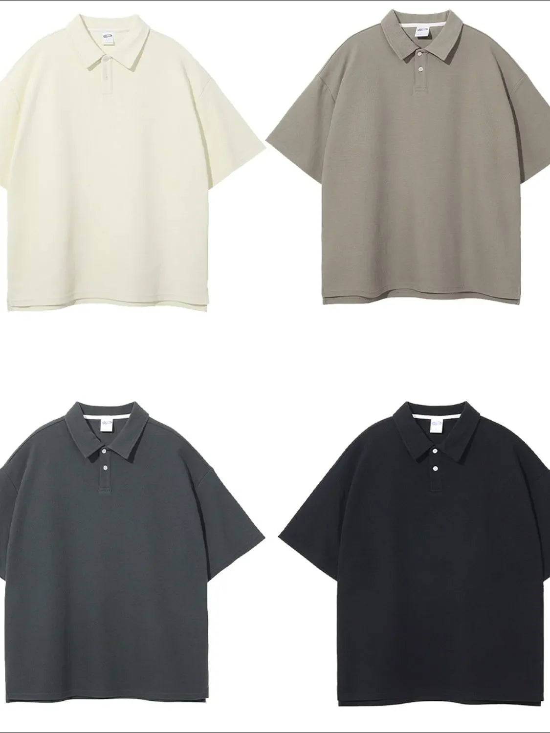 Boxy textured polo shirts in ivory, khaki, dark gray, and black with short sleeves and a two-button placket.