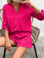 Hot Pink linen henley shirt with drawstring shorts set, featuring a chest pocket and button placket.